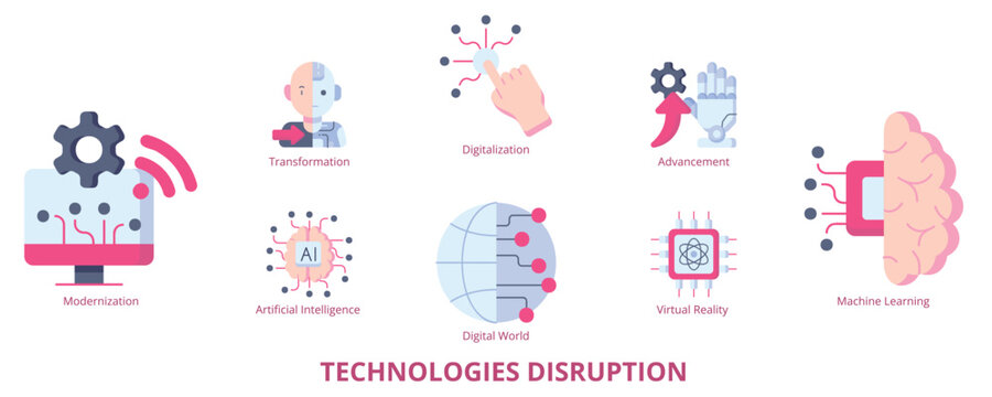 Technologies Disruption Flat Banner Web Icon Set Vector Illustration, Transformation Advancement Digitalization Modernization Artificial Intelligence Machine Learning Virtual Reality Digital World 