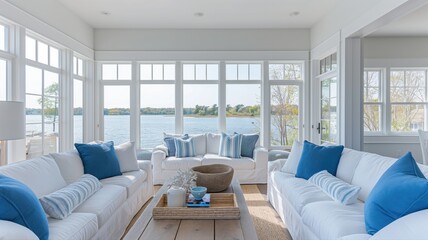 cozy coastal living room with large windows and sofas 