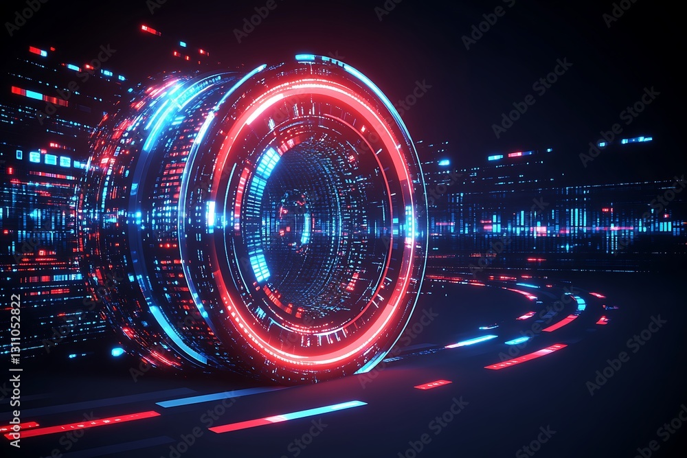 Poster abstract futuristic portal with glowing neon lines and matrix streams