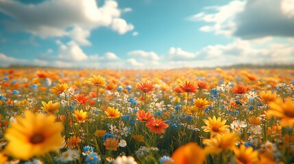 Fototapeta premium A meadow of wildflowers moves softly in the wind under a cloudless sky highlighting intricate petal details
