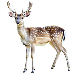 Deer standing on white background, showcasing antlers and spotted coat