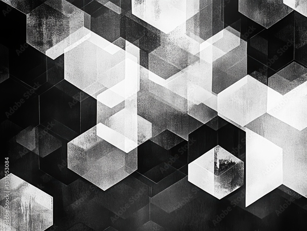 Poster geometric abstraction: an intricate arrangement of overlapping hexagonal shapes in varying shades of