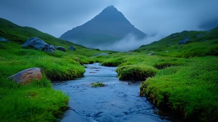 Serene scenery of a tranquil stream flowing through lush green landscapes under misty mountains.