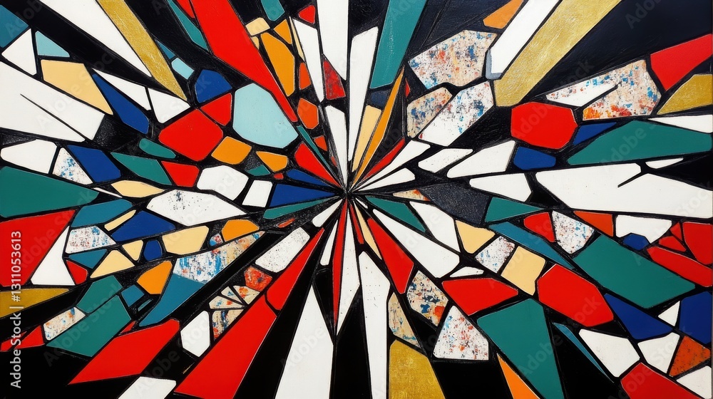 Poster exploding with color: a dynamic abstract mosaic bursts forth in a vibrant display of contrasting col