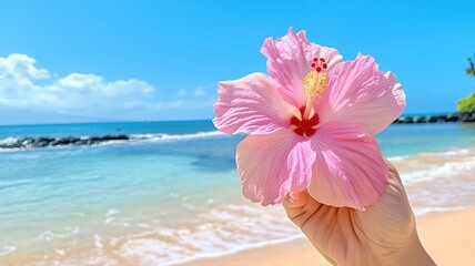pink hibiscus flower in the hand in a beach