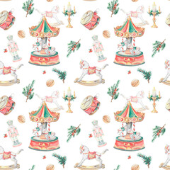 watercolor pattern carousel nutcracker New Year. Watercolor hand drawn © Firestar