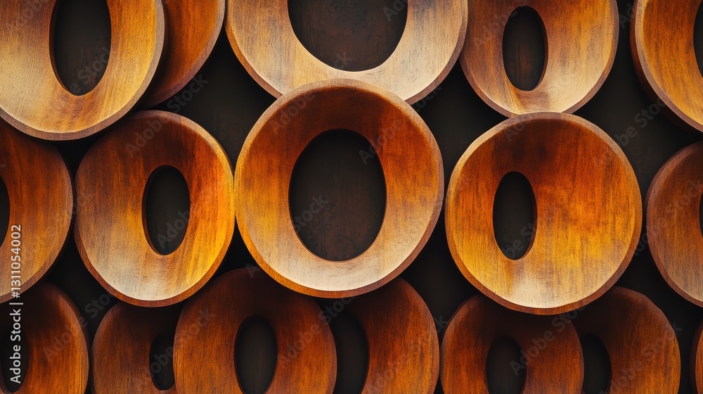 Poster geometric harmony: a mesmerizing view of repeating wooden ring patterns, casting a shadow, showcasin