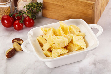 Crushed parmesan cheese in the bowl