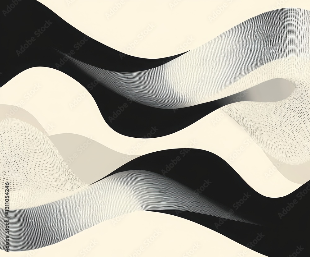 Aufkleber abstract wavy pattern in black and cream: a modern and minimalist abstract design features flowing, 