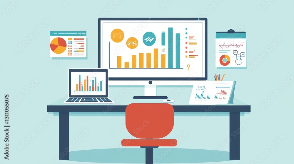 Poster modern workspace with data analysis