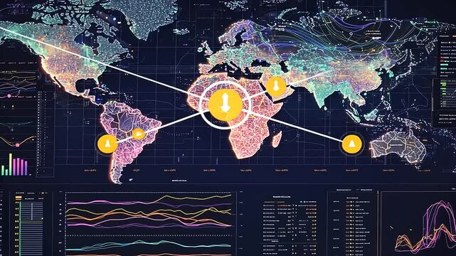 A futuristic global data visualization presenting world map, charts, graphs, and informational displays in digital format.