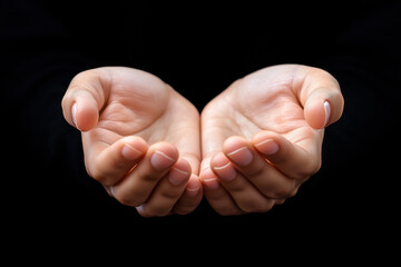 A pair of hands in prayer on a black background, front view.