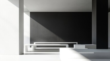 Modern minimalist waiting area; sunlight streams through large window; black wall; white furniture; website design