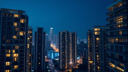 Dramatic nighttime cityscape of sleek modern residential buildings with glowing windows and city lights