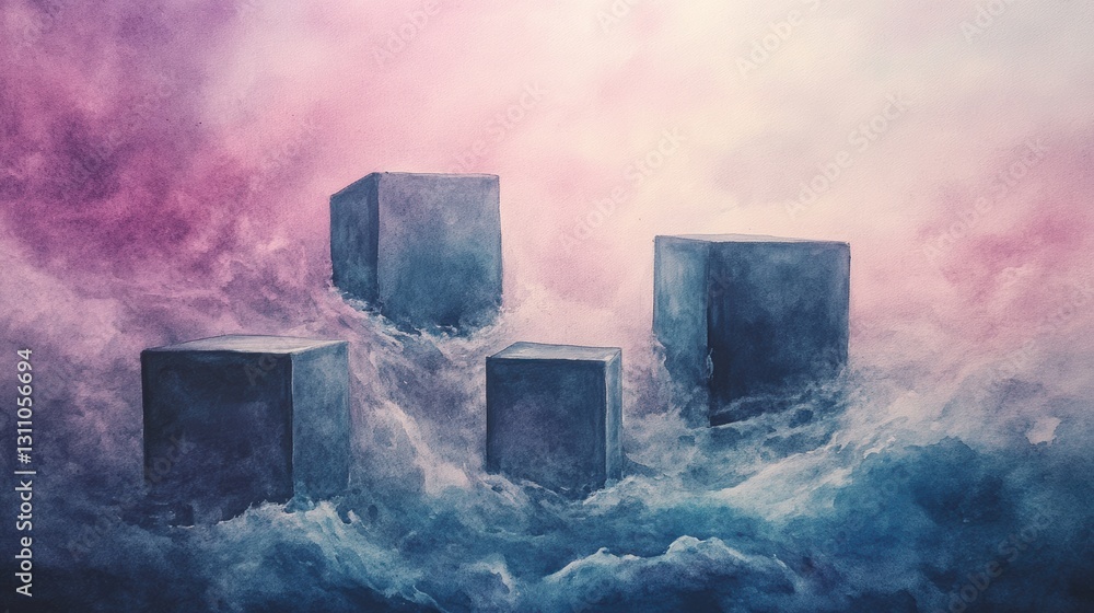 Poster mystical cubes in cloudscape: four textured cubes float dreamily amidst swirling, ethereal clouds, c
