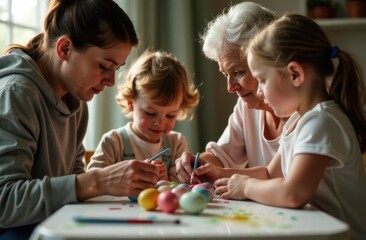 Obraz premium Family craft time to decorate Easter eggs with joy and laughter