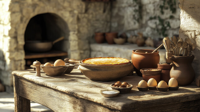 An ancient Roman kitchen with chefs preparing an early version of flan. A rustic wooden table holds bowls of eggs, honey, and milk, while a chef stirs the mixture in a clay bowl
