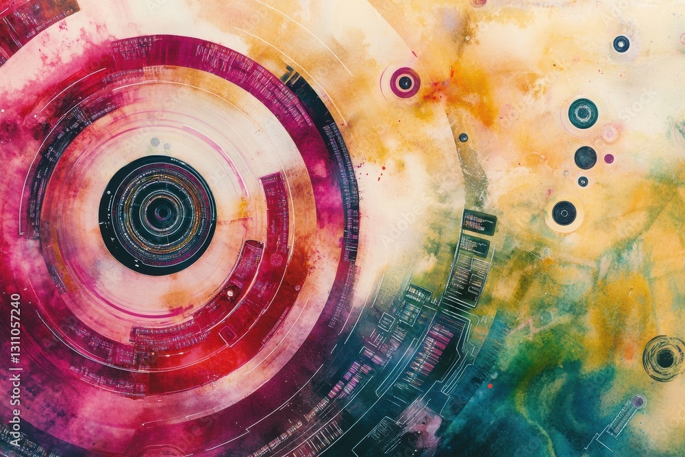 Poster abstract data flow: a vibrant abstract illustration depicts interconnected circular data streams and
