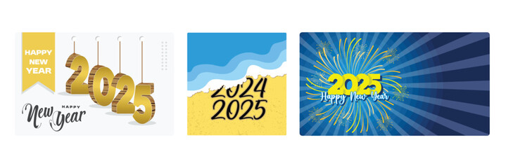 New Year's greeting card design features golden numbers, seascapes and fireworks.