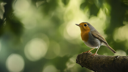 European robin perched on branch in serene forest setting