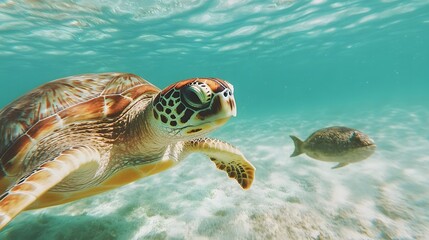 Obraz premium A Surreal Underwater Encounter with a Tropical Sea Turtle in the Ocean