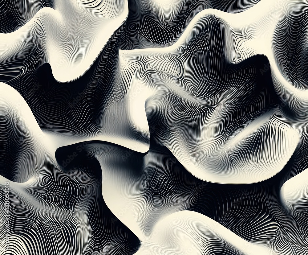 Poster abstract fluid forms: intricate swirling patterns and curves in monochrome, a mesmerizing digital ar