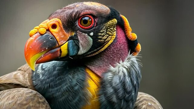 Close-up of a king vulture with striking colors and intricate feather details