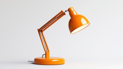An orange desk lamp glows brightly with its light in a white studio background. Ideal for modern interior design