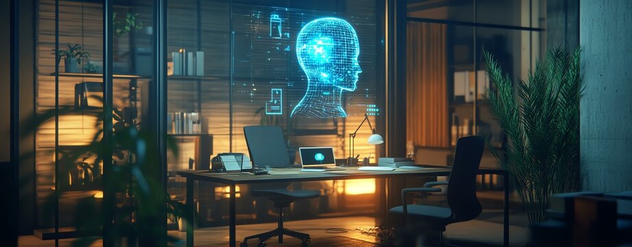 holographic AI Futuristic workspace with digital AI visualization, modern furniture, and greenery, showcasing innovation and creativity.