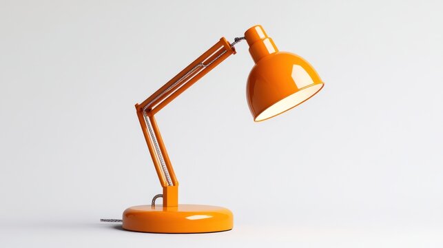 An orange desk lamp glows brightly with its light in a white studio background. Ideal for modern interior design