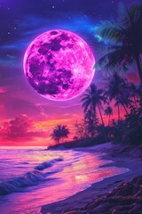 Pink moon over tropical beach at sunset