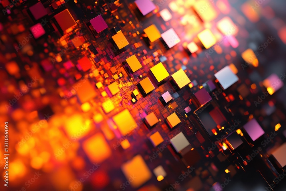 Poster digital data mosaic: a vibrant, abstract composition of colorful, glowing digital data, representing