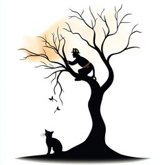 Silhouette of a child climbing a tree, with a cat watching below and birds flying nearby.