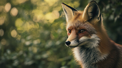 fox gazes into distance, poised and alert in forest setting