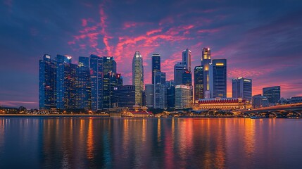 Fototapeta premium Stunning cityscape of Singapore at twilight with vibrant sky and reflections on the water