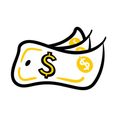 Hand-drawn dollar bills, financial transactions, banking, cash flow, money exchange, economy illustration
