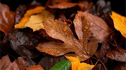 Fototapeta premium Close-up of dew-covered autumn leaves in various shades of brown, yellow, and green.