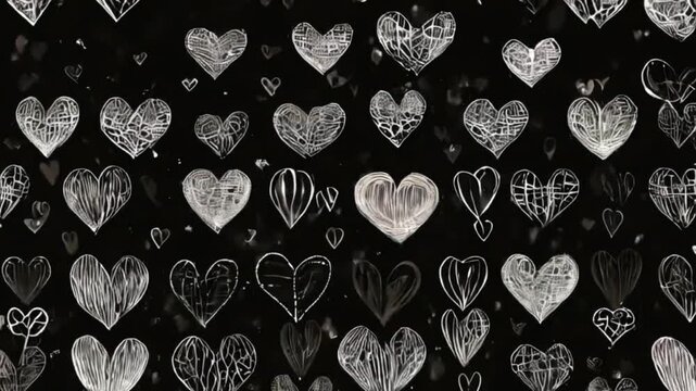 A seamless pattern on a black background featuring white line-art icons related to love