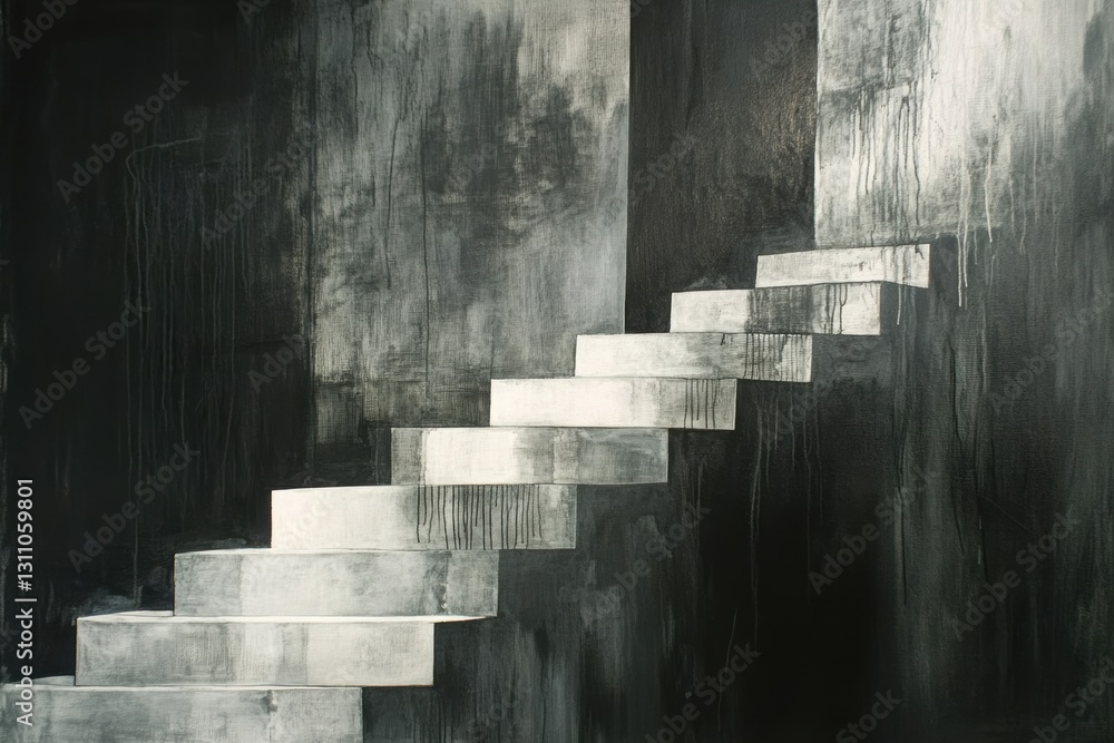 Poster ascending dimensions: an evocative monochromatic image features a staircase that ascends towards the