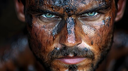 Intense Portrait of a Man with Muddy Face and Striking Green Eyes