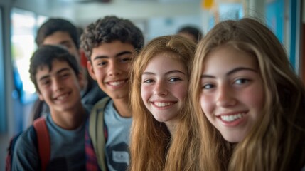 Fototapeta premium Youthful Group of Students Smiling in a Lively Classroom Setting