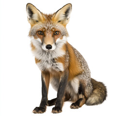 Fototapeta premium Red fox sitting on white background, looking alert