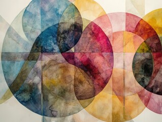 Fototapeta premium Abstract Color Harmony: A mesmerizing abstract artwork composed of overlapping translucent watercolor circles and geometric forms, creating a visual symphony of color and light.