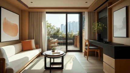 Fototapeta premium A charming living room featuring natural wooden decor, a sleek black desk, and a comfortable white sofa. The outdoor terrace provides a peaceful Seoul city view