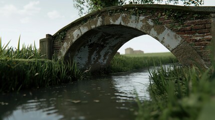 Fototapeta premium A small stone bridge with a curved archway spans a tranquil river, surrounded by lush greenery and a distant building.