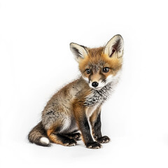 Young fox sitting on white background, looking curious