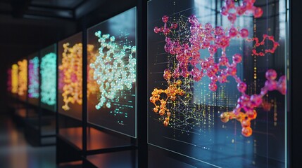 AI-generated protein structures displayed in a futuristic lab, emphasizing complex molecular designs on screens and showcasing breakthroughs in biotechnology and computational research.
