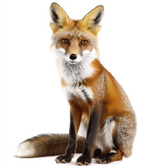 red fox sits gracefully on white background