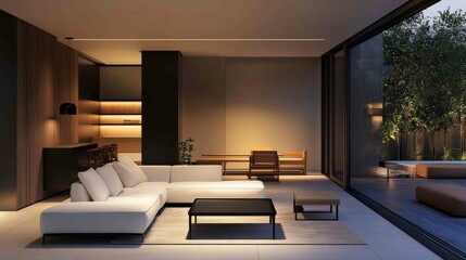 A minimalist living room with a white sofa, warm wooden elements, and an elegant black desk. Soft lighting and a terrace with wooden seating complete the space