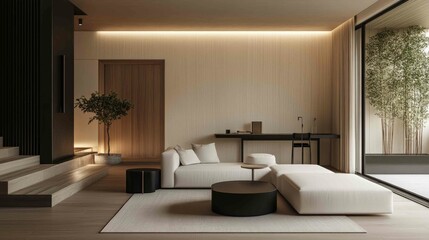 Fototapeta premium A minimalist living room with a white sofa, warm wooden elements, and an elegant black desk. Soft lighting and a terrace with wooden seating complete the space
